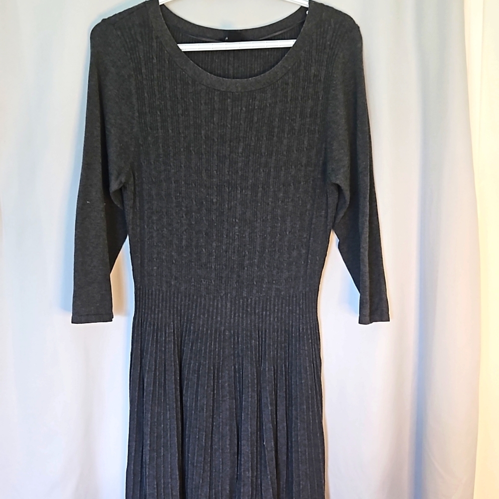 Style & Co. Charcoal Rib-Knit Long Sleeve Midi Dress